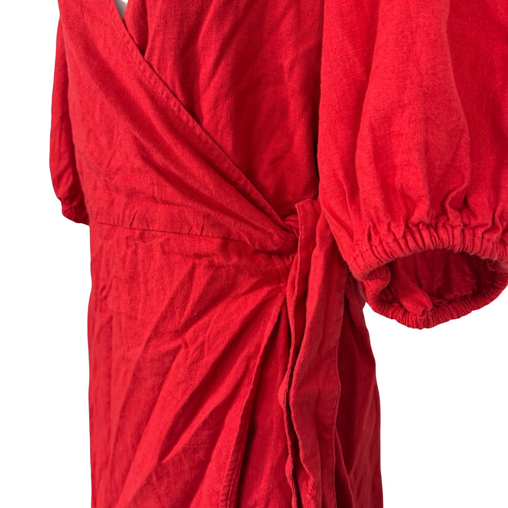 Abercrombie & Fitch Red Linen Puff Sleeve Wrap Smocked Mini Dress NWT sz L Tall - Picture 10 of 16
